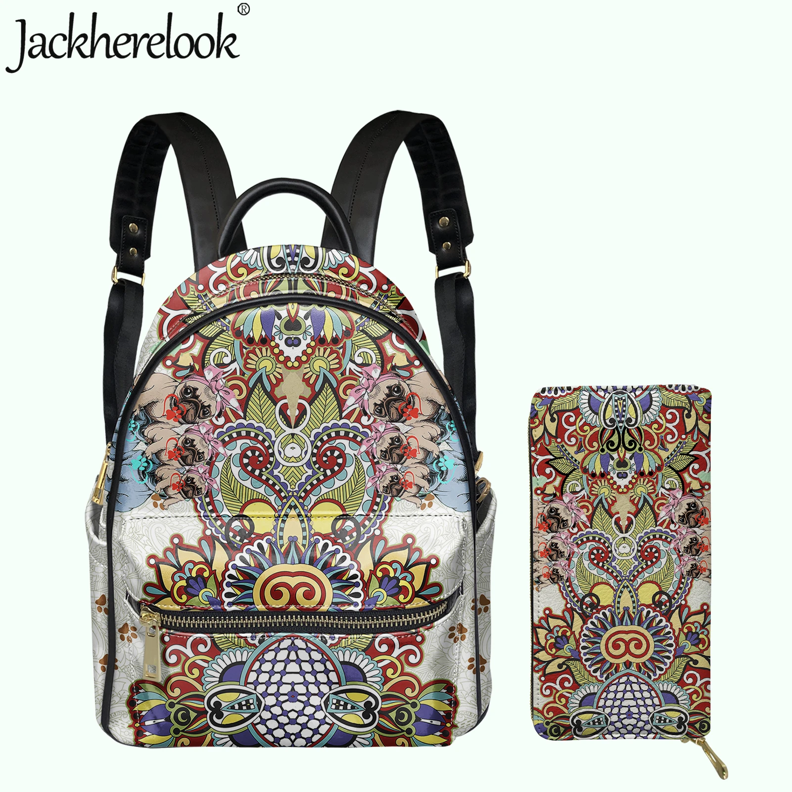 

Jackherelook Luxury Bohemia Pug Dog Printed School Bag for Women 2Pcs/Set Backpack&Wallet Girls PU Leather Campus Schoolbag 2022