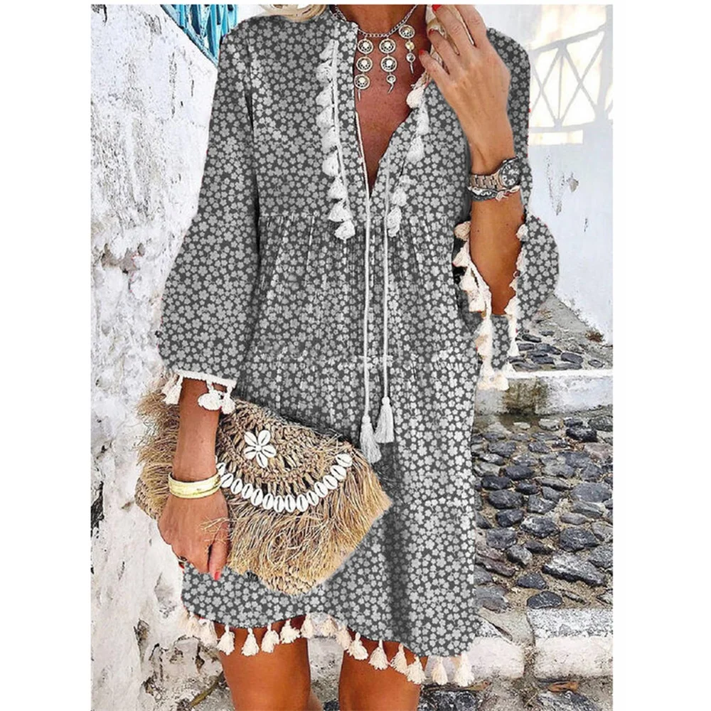 Summer Women Floral Print Tassel Design Plunge Bell Sleeve Dress Fashion Femme Casual A Line Three Quarters Mini Ethnic Dresses
Summer Women Floral Print Tassel Design Plunge Bell Sleeve Dress Fashion Femme Casual A Line Three Quarters Mini Ethnic Dresses