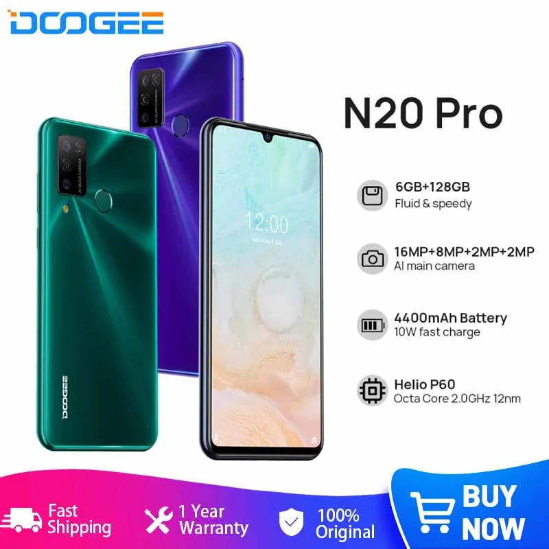 

DOOGEE N20 Pro Quad Camera Mobile Phones Helio P60 Octa Core 6GB RAM 128GB ROM Global Version 6.3" FHD+ Android 10 OS Smartphone