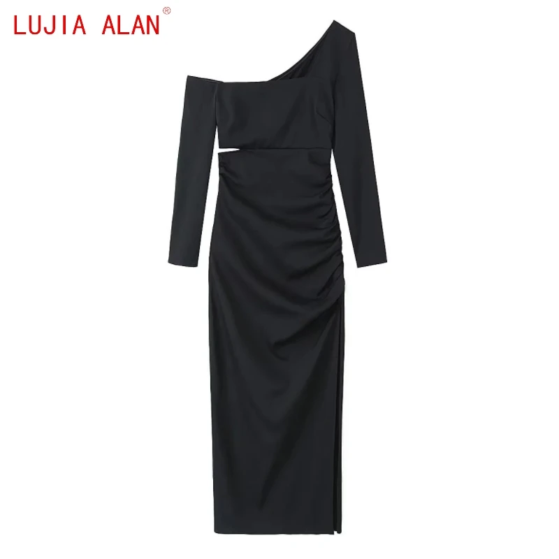 New Women's Single Shoulder Asymmetric Midi Dress Female Casual Pleated Slim Side Slit Vestidos LUJIA ALAN WD3799 
New Women's Single Shoulder Asymmetric Midi Dress Female Casual Pleated Slim Side Slit Vestidos LUJIA ALAN WD3799