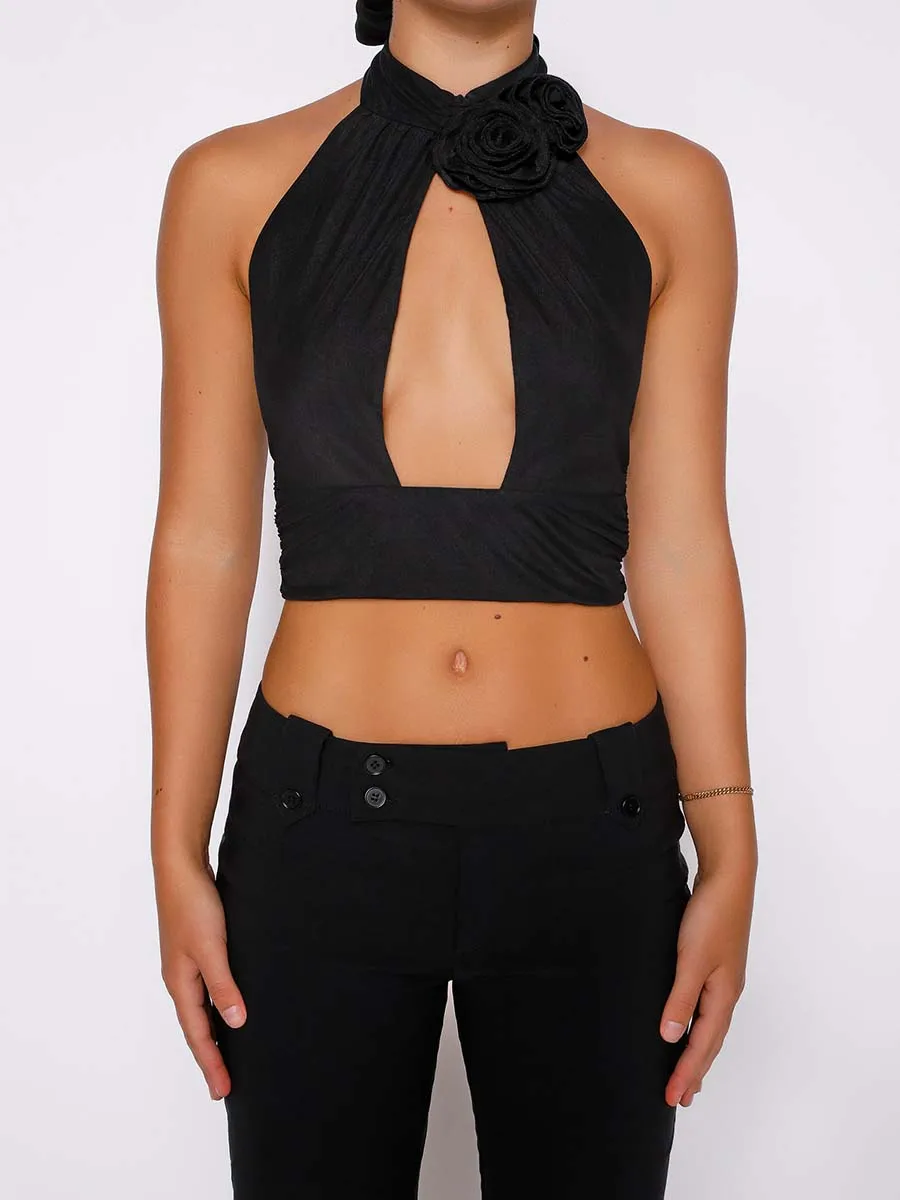 Женские однотонные майки, летние облегающие укороченные топы с объемным цветочным принтом и завязкой на шее, жилеты без рукавов, уличная одежда, гранж 
Женские однотонные майки, летние облегающие укороченные топы с объемным цветочным принтом и завязкой на шее, жилеты без рукавов, уличная одежда, гранж