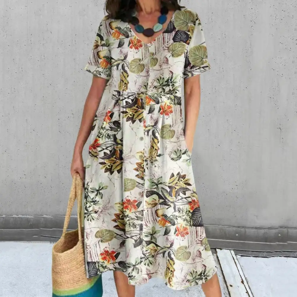 Women Dress Elegant V-Neck Loose Hem Lady Dress Colorful Print Short Sleeces Summer Dress Women's Clothing For Vacation 
Women Dress Elegant V-Neck Loose Hem Lady Dress Colorful Print Short Sleeces Summer Dress Women's Clothing For Vacation