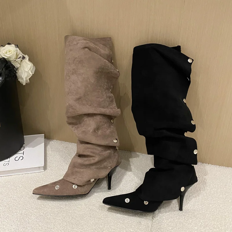 

Eilyken Designer Rivet Button Zipper Woman Knee-High Boots Fashion Sexy Winter Thin Heels Long Booties Pointed Toe Shoes