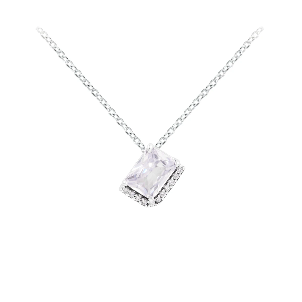 

100% 925 Sterling Silver Zircon Pendant Necklace Rectangular Sparkling Halo Collier Neck Chain for Women Daily Gift Jewelry