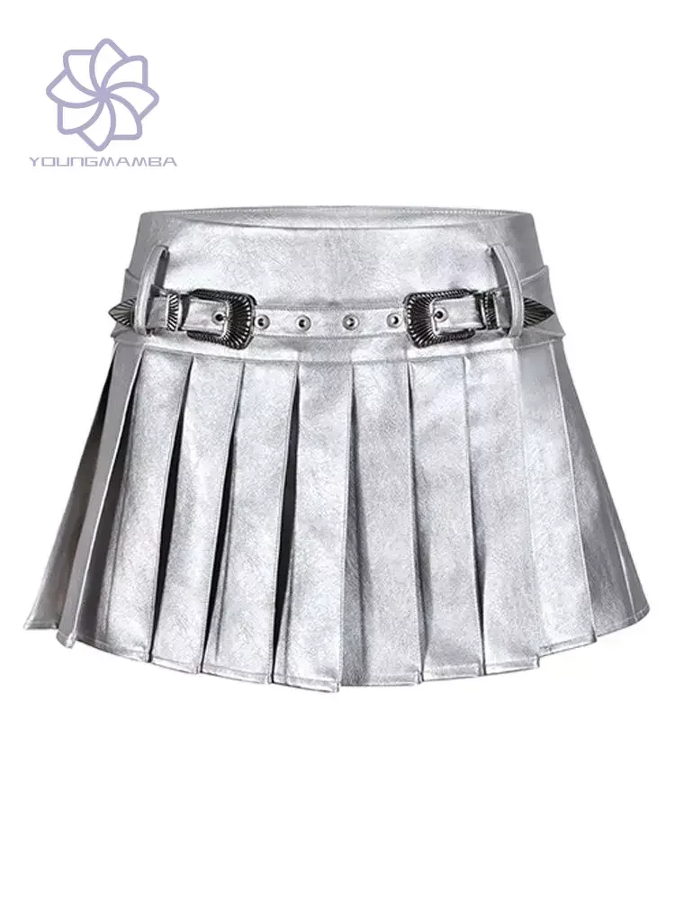 Sliver Shiny Patent Pu Leather Mini Pleated Skirt Women Belt High Waist Short Luxury Designer Y2K Streetwear Fashion Vintage 
Sliver Shiny Patent Pu Leather Mini Pleated Skirt Women Belt High Waist Short Luxury Designer Y2K Streetwear Fashion Vintage