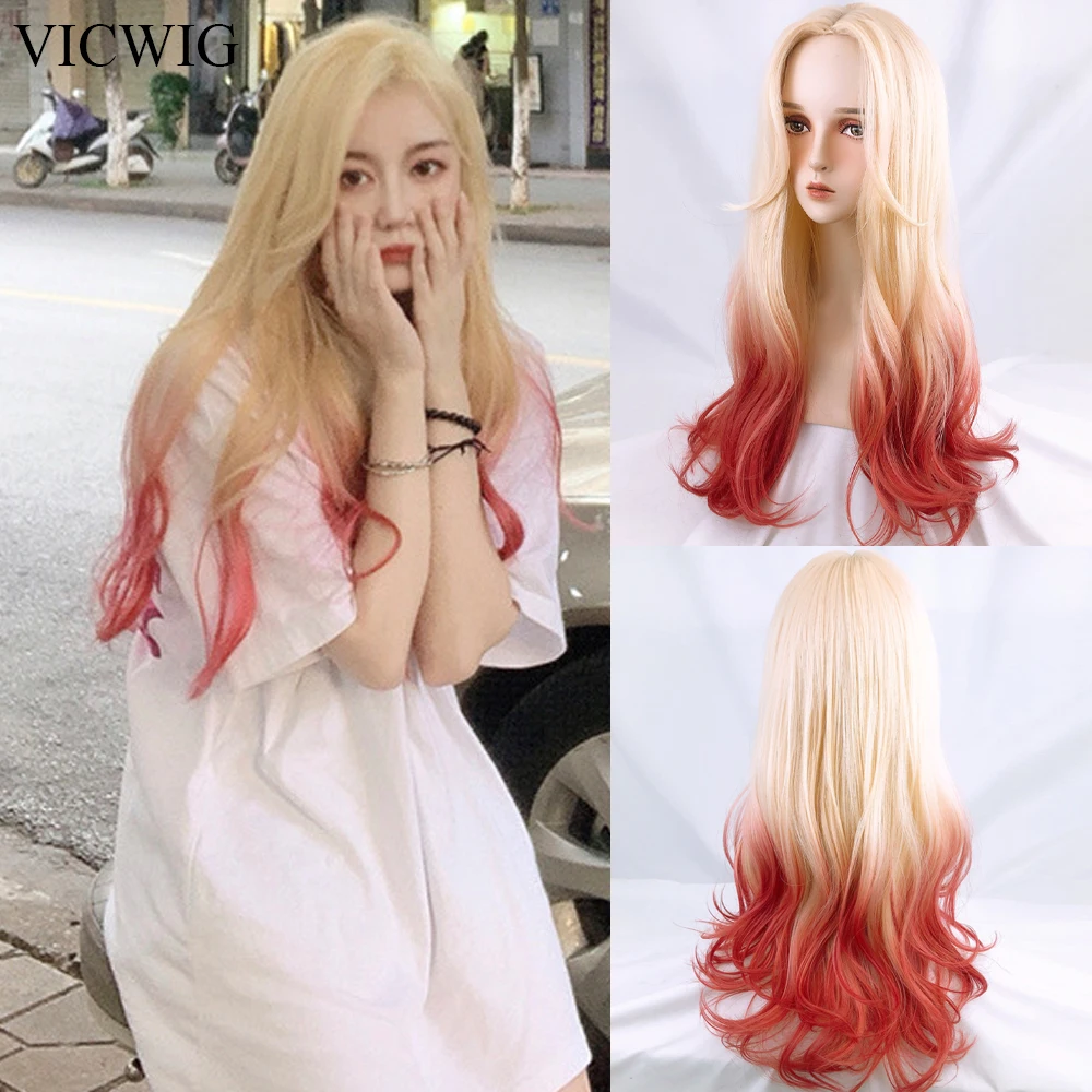 

VICWIG Synthetic Long Wavy Wig with Bangs Women Ombre Blonde Red Natural Fluffy Hair Wig for Daily Lolita Cosplay