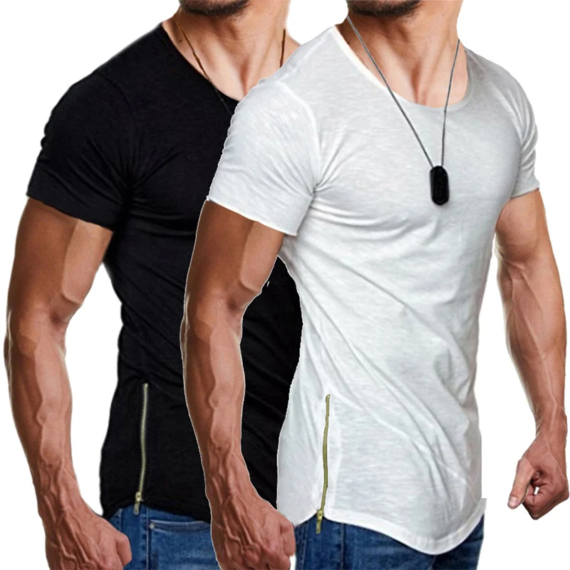 Мужская повседневная Однотонная футболка с боковой молнией и круглым вырезом