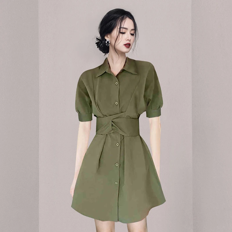 Elegant Women's Shirts Dress Short Sleeve Single Breasted Straight Cross Lace Up Female A-Line Dress 2022 Summer New
Elegant Women's Shirts Dress Short Sleeve Single Breasted Straight Cross Lace Up Female A-Line Dress 2022 Summer New