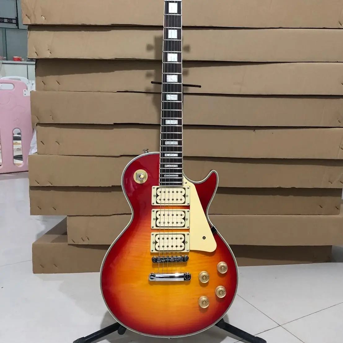 

Custom Electric Guitar Cherry Sunburst Color Flame Maple Top Three Pickups Rosewood Fingerboard Mahogany Body Free Shipping