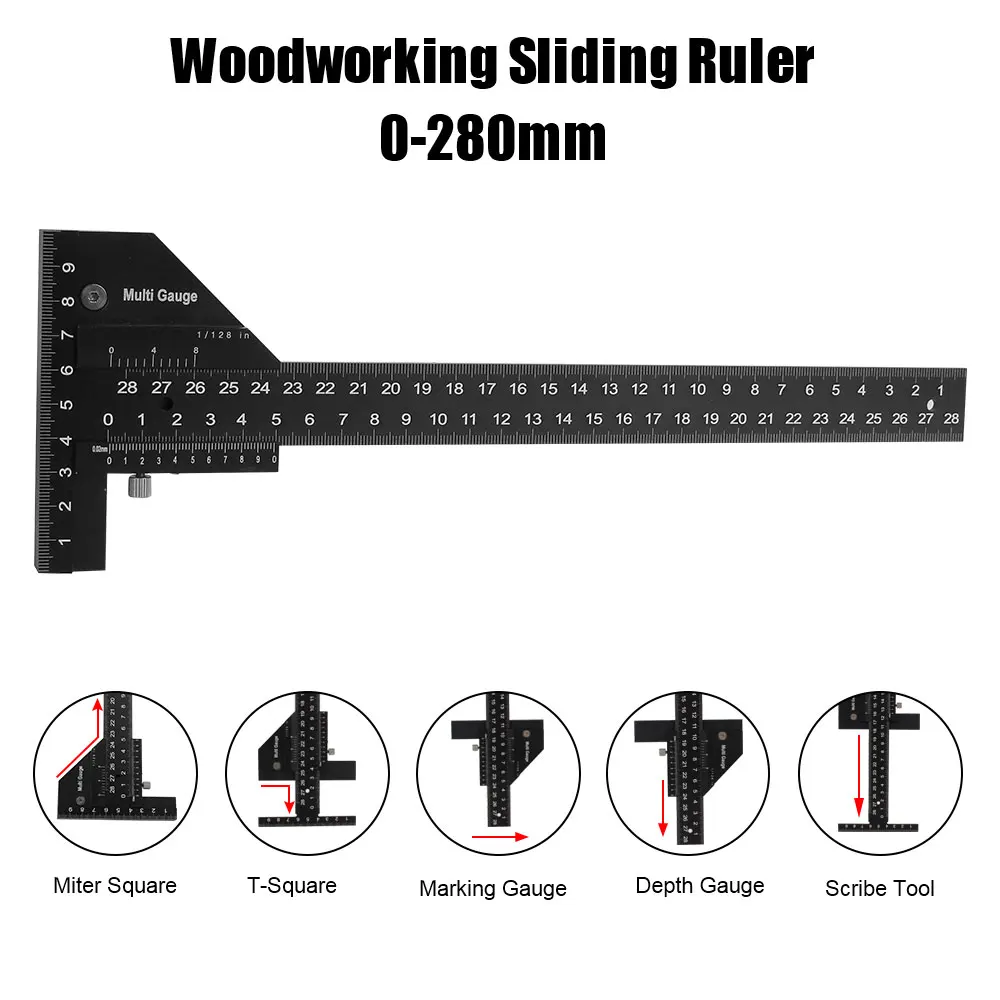 

T Ruler 0-280mm Woodworking Sliding Gauge Aluminum Alloy Scribe Multifunction Marking Depth Measuring Tools