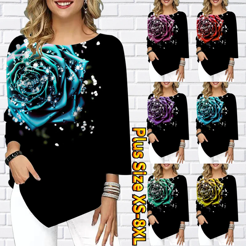 Женская футболка с круглым вырезом, рукавом три четверти и цветочным принтом 
Женская футболка с круглым вырезом, рукавом три четверти и цветочным принтом