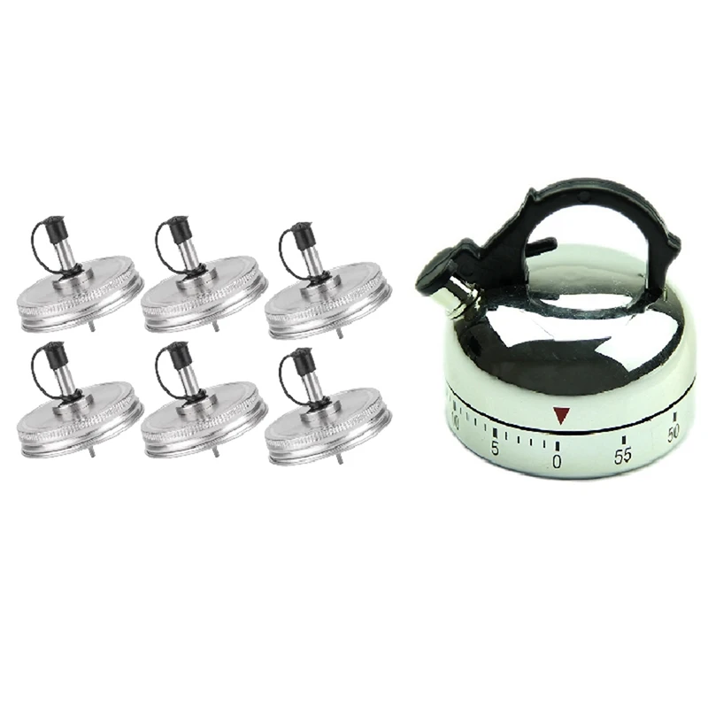 

60 Minute Counting Teapot Shaped Kitchen Cooking Alarm Clock Timer With 6PC Stainless Steel 70Mm Regular Mouth Mason Jar