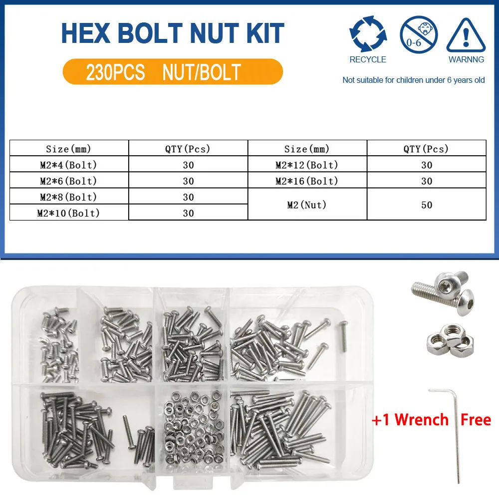 Комплект болтов и гаек M2 из нержавеющей стали
Комплект болтов и гаек M2 из нержавеющей стали