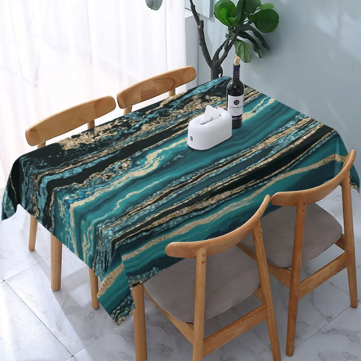 

Rectangular Turquoise Gold Sparkling Luxury Marble Gemstone Art Table Cloth Tablecloth Table Cover Backed with Elastic Edge