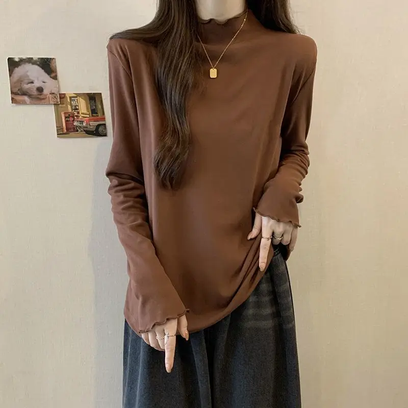 American Style Half High Neck Solid Color Bottom T-shirt for Women in All Seasons Loose Casual and Slimming Top Ins Clothes New
American Style Half High Neck Solid Color Bottom T-shirt for Women in All Seasons Loose Casual and Slimming Top Ins Clothes New