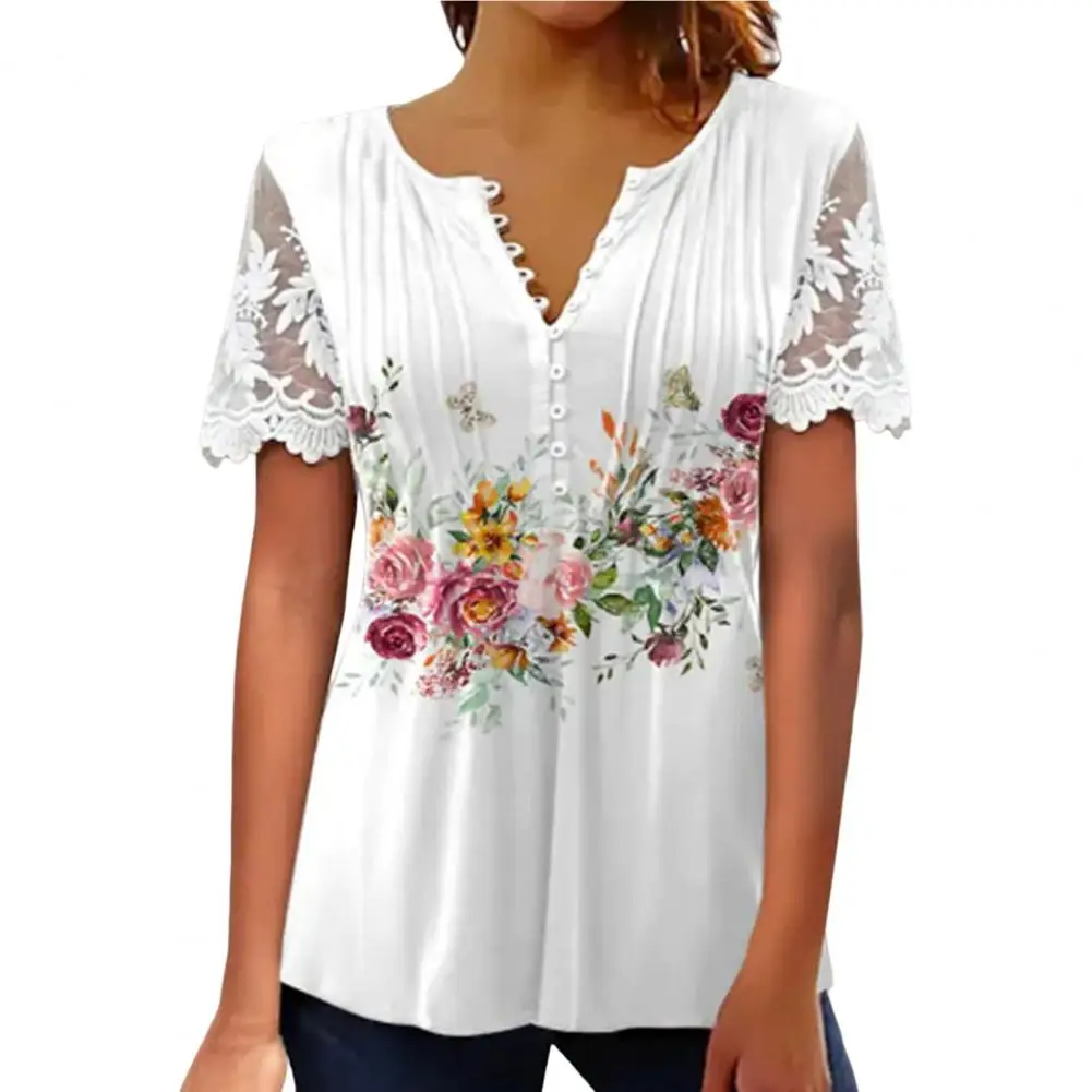 Casual T-shirts V-neck Lace Short Sleeve Buttons Half Placket Loose Hem Women T-shirt Summer Floral Print Pleated Tunic Top
Casual T-shirts V-neck Lace Short Sleeve Buttons Half Placket Loose Hem Women T-shirt Summer Floral Print Pleated Tunic Top