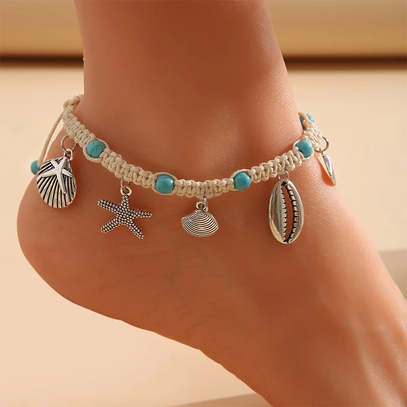 

Summer Trendy Seashell Starfish Braided Anklet For Women Multilayered Ocean Beach Star Sea Turtle Anklets Bracelet Foot Jewelry