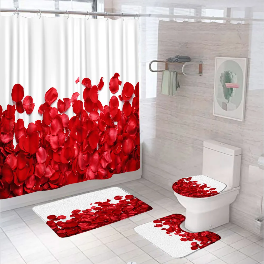 

Занавеска для ванной с 3D лепестками цветов, водонепроницаемая ткань, занавеска для душа в виде красной розы на День святого Валентина, декоративный коврик для ванной, Чехол для сидения