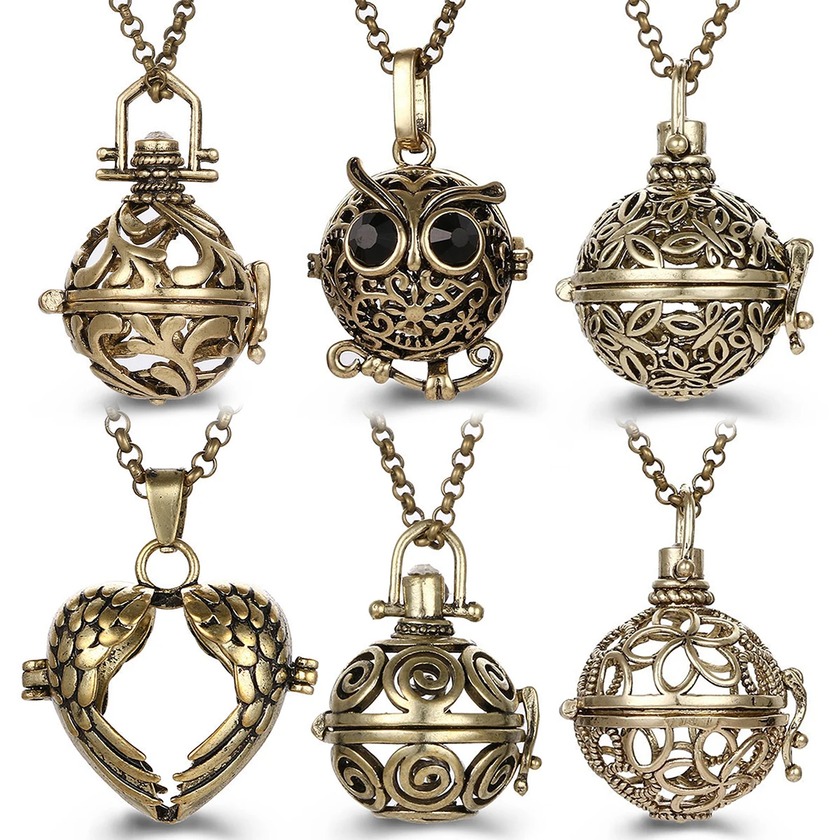 Mexico Chime Vintage Owl Aromatherapy Cage Caller Locket Necklace Angel Wings Heart Shape Diffuser Pendant Woman Fashion Jewelry
Mexico Chime Vintage Owl Aromatherapy Cage Caller Locket Necklace Angel Wings Heart Shape Diffuser Pendant Woman Fashion Jewelry