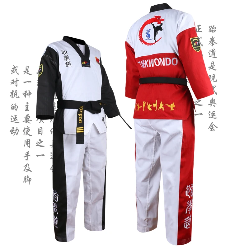 

High Quality Black Red Taekwondo Uniform Training Tae Kwon Do Suits Embroidery Poomsae Dobok WTF Approved Size 160-190cm Sets