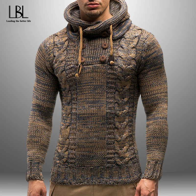 Мужские модные однотонные вязаные свитера с капюшоном приталенный пуловер