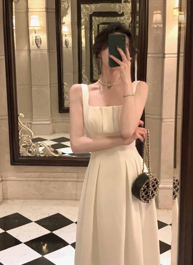 

Женское атласное платье средней длины, элегантное вечернее платье на бретелях с застежкой на талии, белое платье во французском стиле, лето 2023