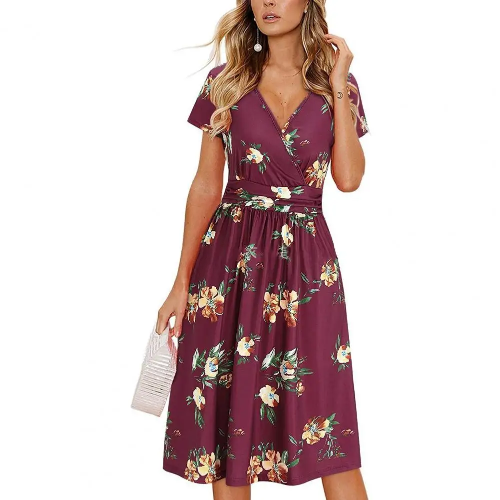 Women Midi Dress Deep V Neck Short Sleeve Floral Print A-line Loose Hem Pleated Mid-calf Length High Tight Waist Lady Elegant Lo
Women Midi Dress Deep V Neck Short Sleeve Floral Print A-line Loose Hem Pleated Mid-calf Length High Tight Waist Lady Elegant Lo