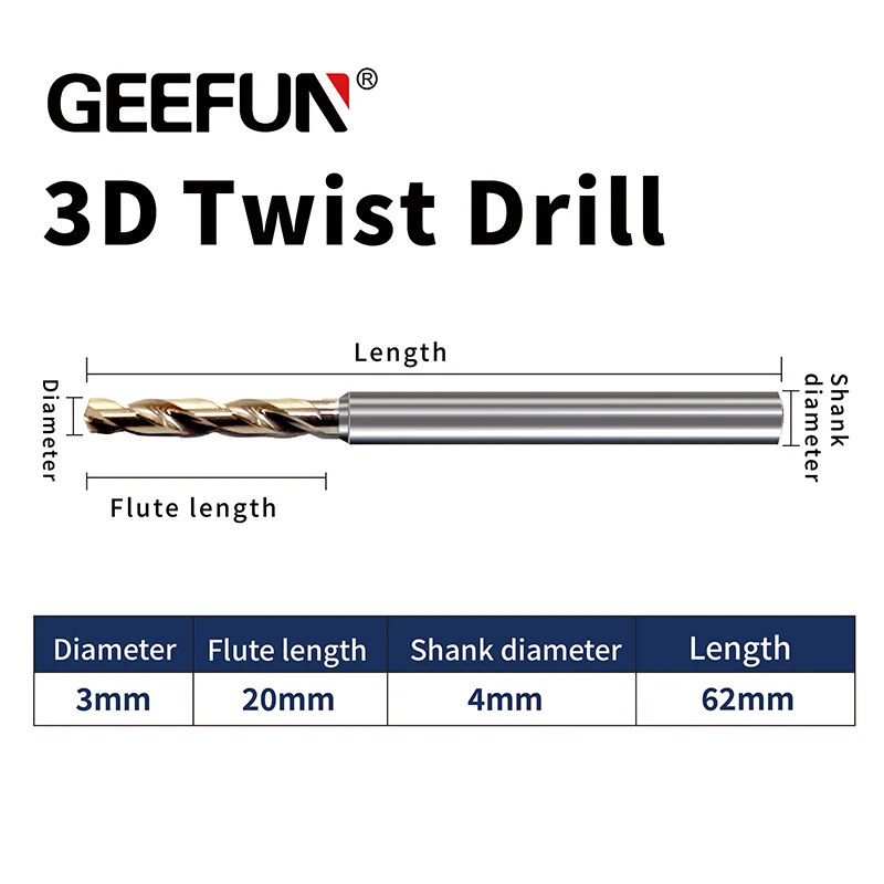 GEEFUN D.i.A 3mm / Length 62mm HRC55 Solid Carbide Twist Drill Bit for Metal Grinding 3*D Diameter From 1mm to 20mm
GEEFUN D.i.A 3mm / Length 62mm HRC55 Solid Carbide Twist Drill Bit for Metal Grinding 3*D Diameter From 1mm to 20mm