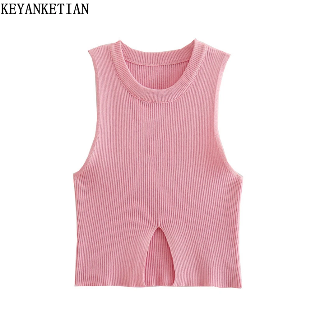 

KEYANKETIAN 2022 Women's New Hem Opening Design Pink Round Neck Sleeveless Knit Sweater Tank Top Women's Summer Tops