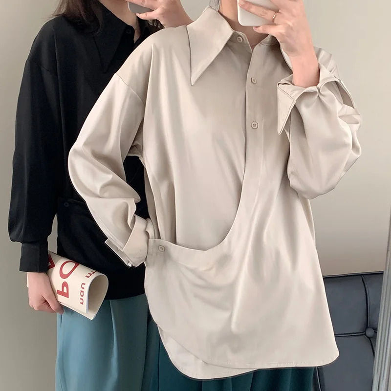 Oblique Placket Satin Shirt Beige Black Spring Long Sleeve Thin Shiny Women's Shirt
Oblique Placket Satin Shirt Beige Black Spring Long Sleeve Thin Shiny Women's Shirt