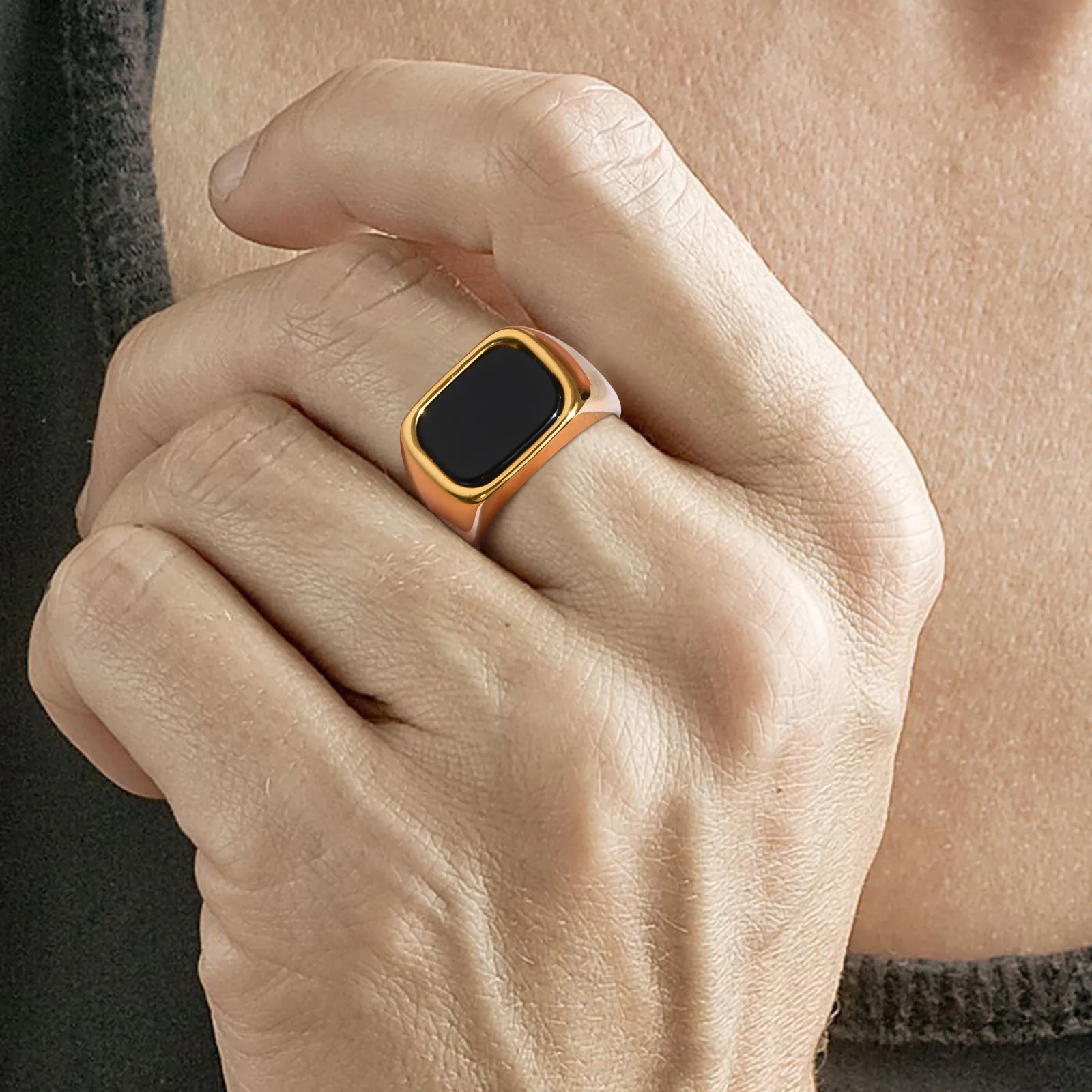 

Men's Signet Stainless Steel Rings, Geometric Rectangle Black Stone Top Ring Gold Plated Finger Band Cool Male Jewelry Ring