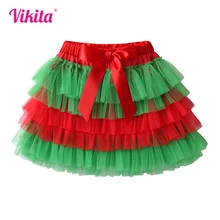 VIKITA Girls Red Green Christmas New Year Gift Skirt Kids Tulle Mesh Layered Cake Tutu Cake Ballet Birthday Party Princess Skirt