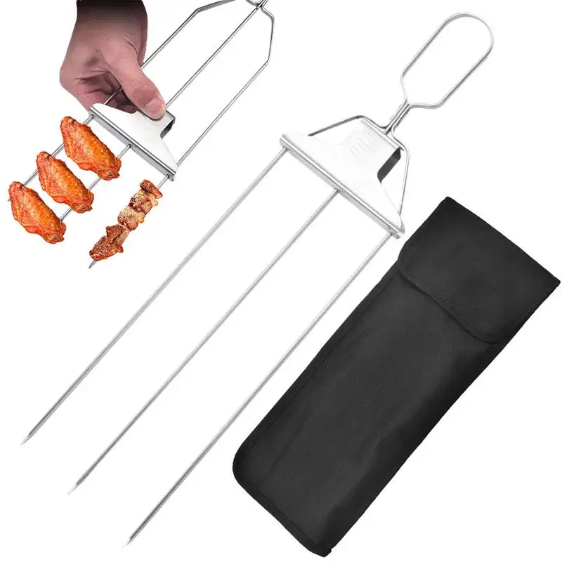 

3 Way Grill Skewers-GrillSavant Reusable Barbecue Fork Stainless Steel Semi-Automatic Roasting Sticks Household Bbq Stick