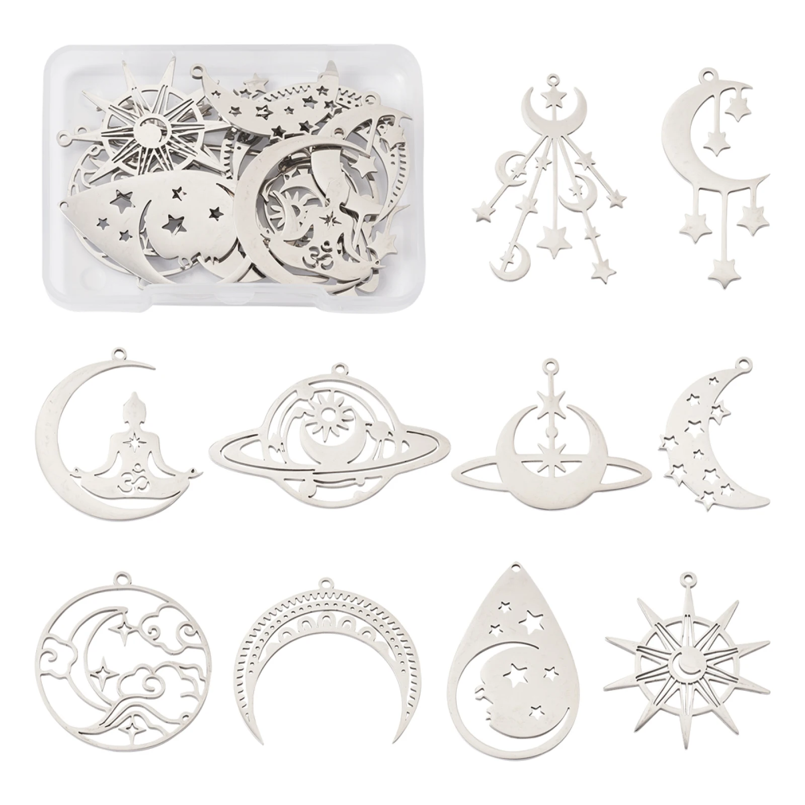 10Pcs 201 Stainless Steel Big Pendants Moon Star Planet Charms Laser Cut Style For DIY Earring Necklace Jewelry Making Supplies
10Pcs 201 Stainless Steel Big Pendants Moon Star Planet Charms Laser Cut Style For DIY Earring Necklace Jewelry Making Supplies