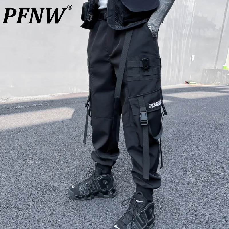 

PFNW Spring Autumn Men's Letter Print Niche Design Overalls Fashion Casual Ribbon Darkwear Outdoor Youth New Cargo Pants 12A8138