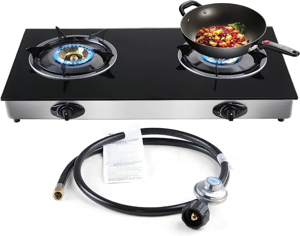 

Propane Gas Cooktop 2 Burners Stove portable gas stove Tempered Glass Double Auto Ignition Camping Burner LPG for RV, Apartments