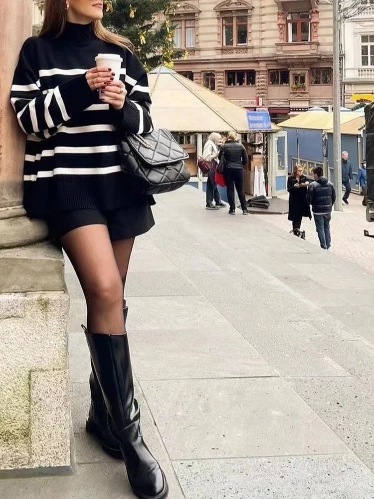 Women Fashion Striped Oversized Knit Sweater Vintage High Neck Long Sleeve Female Pullovers
Women Fashion Striped Oversized Knit Sweater Vintage High Neck Long Sleeve Female Pullovers
