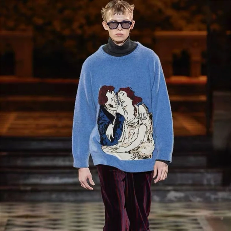 

2023ss Erd New Blue Lovers Graffiti Printing Knitting Cashmere Wool Loose Long-Sleeved Sweater