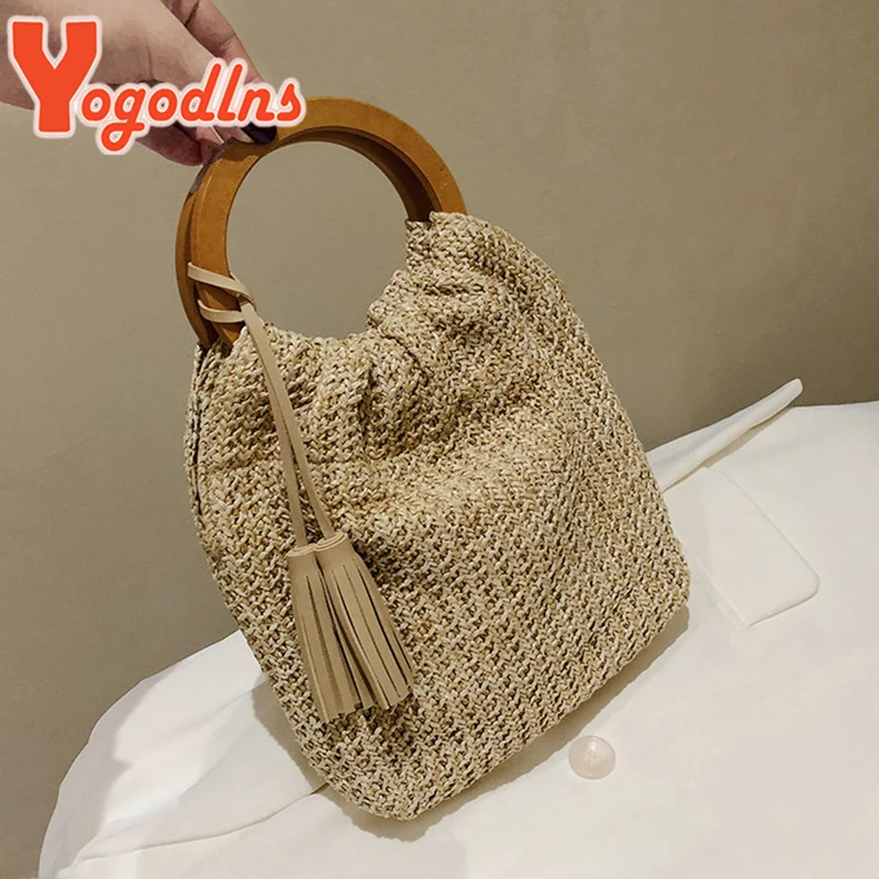 Summer Wooden Handle Straw Bag For Women Woven Large Capacity Handbag Vacation Beach Bags Tassel Decors Rattan Tote Bag
Summer Wooden Handle Straw Bag For Women Woven Large Capacity Handbag Vacation Beach Bags Tassel Decors Rattan Tote Bag