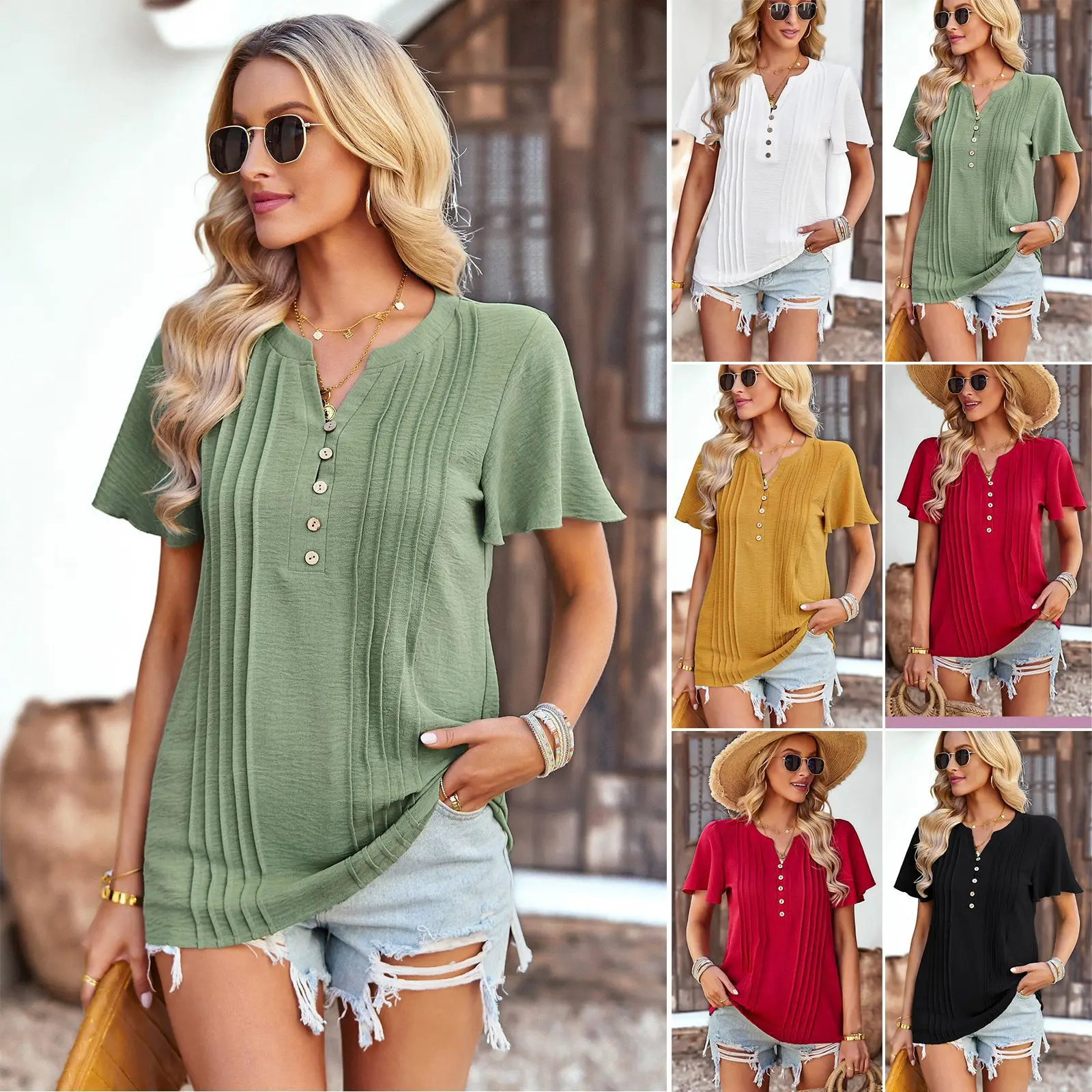 Women Summer Fashion V-neck Button Solid Color Fold Patchwork Commuting Versatile Casual Shirt Tees Tops
Women Summer Fashion V-neck Button Solid Color Fold Patchwork Commuting Versatile Casual Shirt Tees Tops