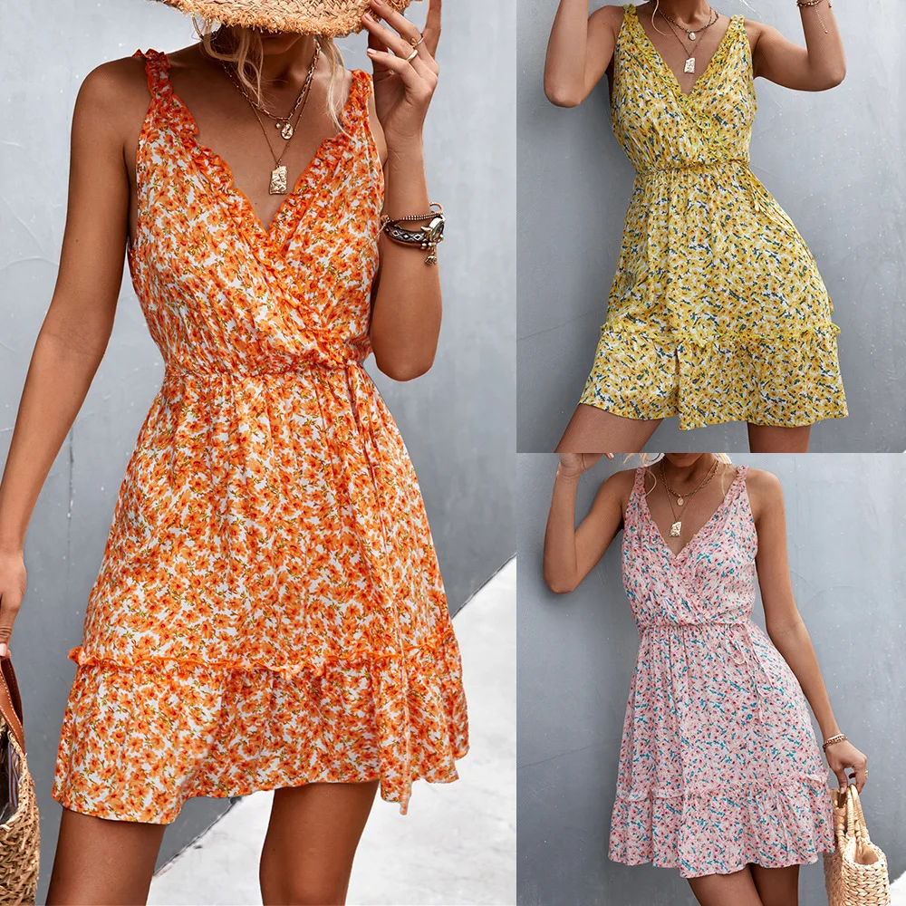 2022 Summer New Bohemian Style Casual Vacation Beach Women's Dress V-neck Tie Ruffled Floral Suspenders Sweet Temperament Dress
2022 Summer New Bohemian Style Casual Vacation Beach Women's Dress V-neck Tie Ruffled Floral Suspenders Sweet Temperament Dress