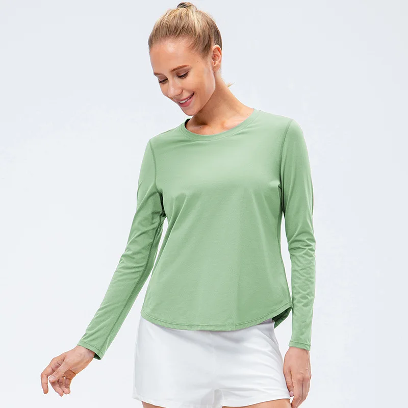 

2023 Lulu Women Long Sleeved Loose Breathable T Shirt Sports Flowing Tee Moisture Wicking Athletic Shirts Hem T Shirt Tunic Top