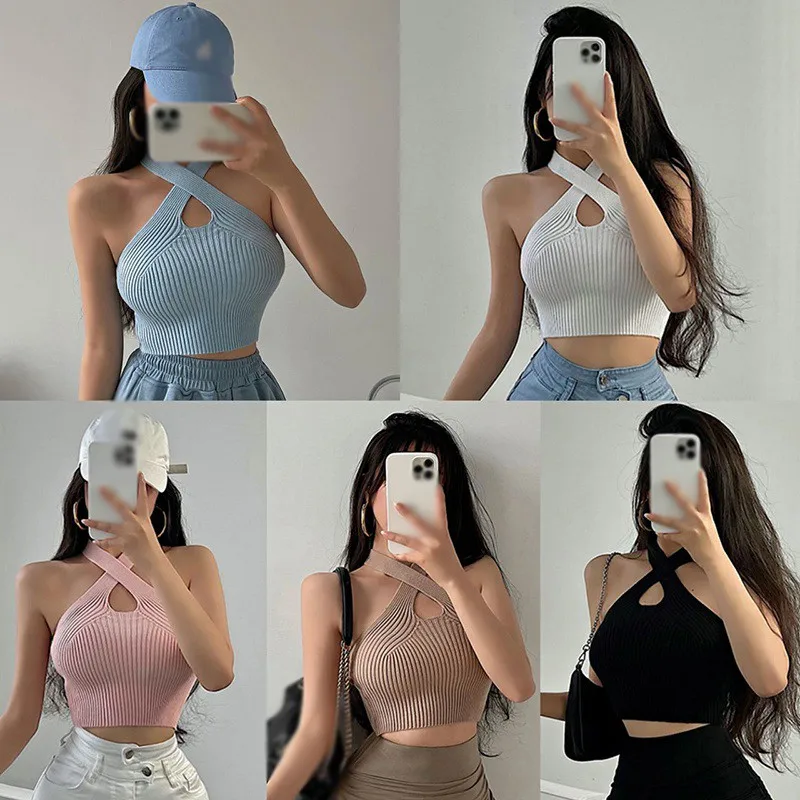 Women knitted halterneck camisole Korean solid color cross hollow sexy cropped vest
Women knitted halterneck camisole Korean solid color cross hollow sexy cropped vest