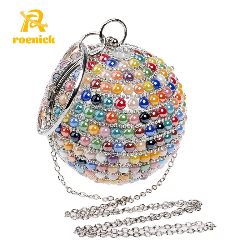 

ROENICK Women Ceramics Mixed Color Round Evening Bags Party Designer Diamonds Handbags With Metal Handle Beaded Dinner Clutch