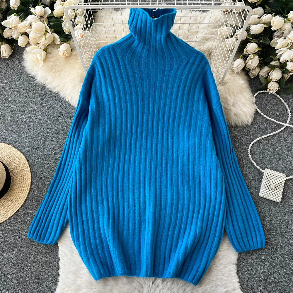 

Свитер с высоким воротом для женщин, однотонный пуловер свободного покроя, утепленный Вязаный Свитер оверсайз, зима 2022