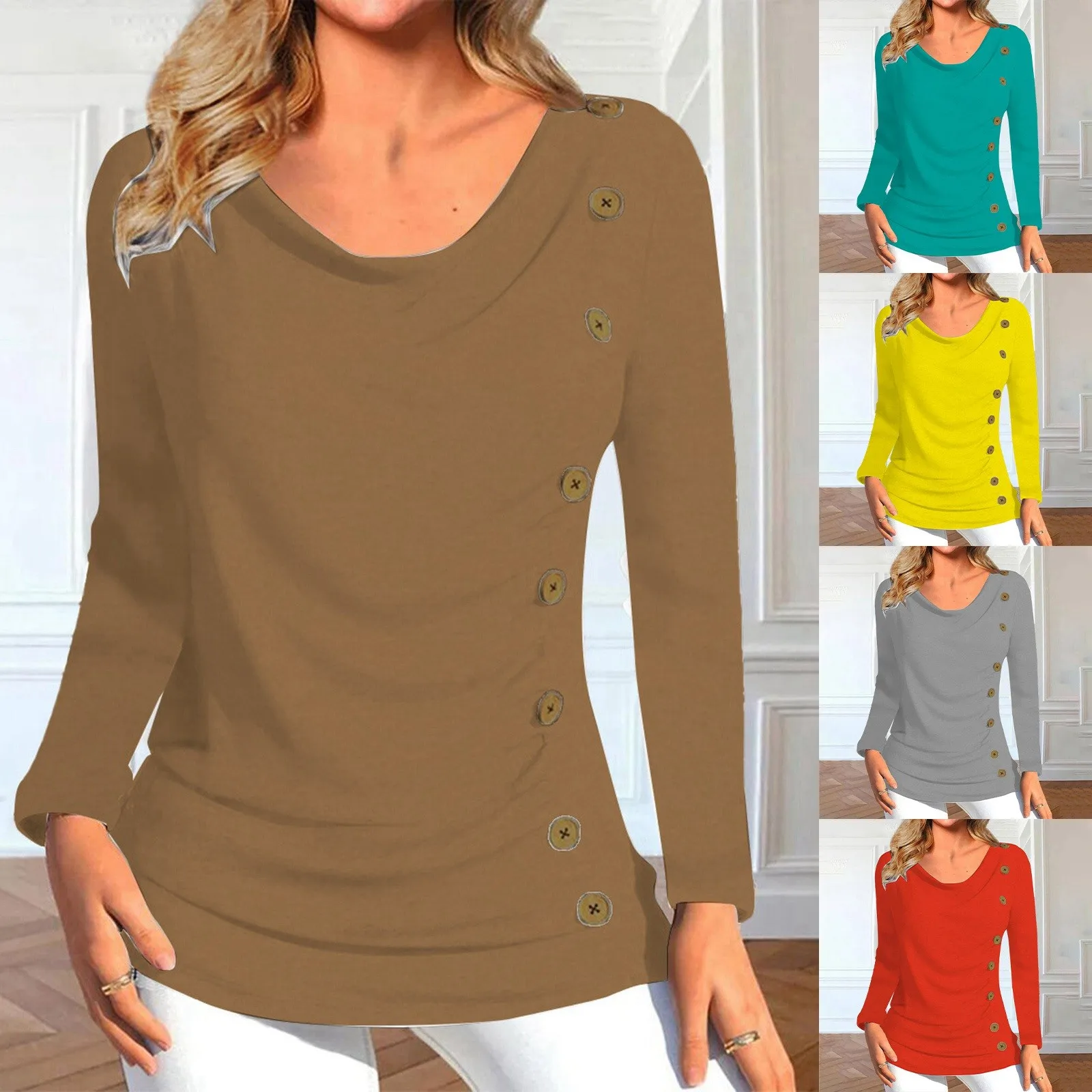 Elegant Button Pleated Crewneck Long Sleves T Shirts Women Autumn Loose Casual O Neck Blouse Lady Office Dress Shirt Party Blusa
Elegant Button Pleated Crewneck Long Sleves T Shirts Women Autumn Loose Casual O Neck Blouse Lady Office Dress Shirt Party Blusa