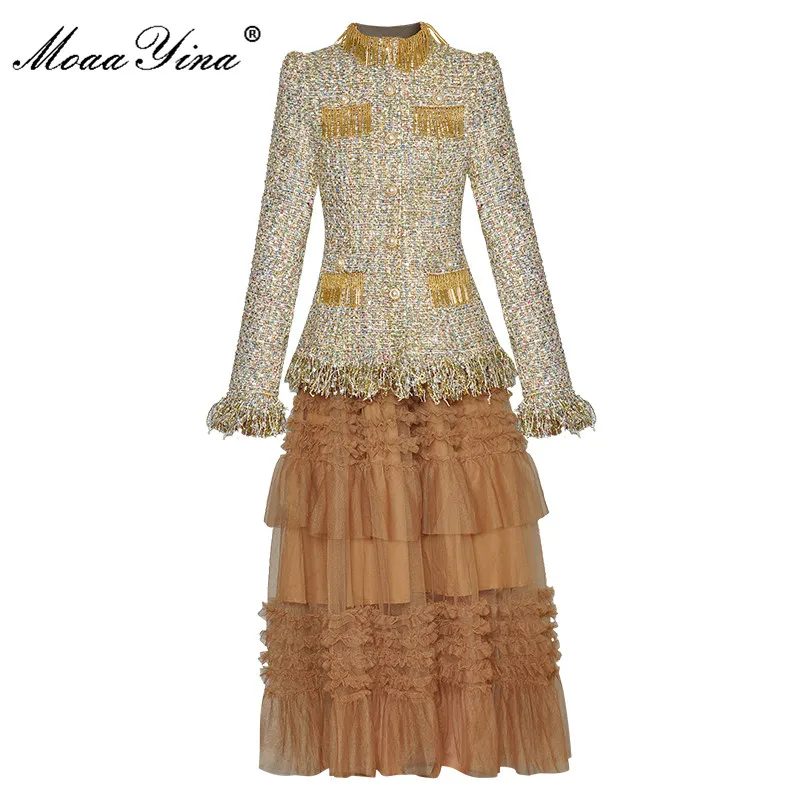 

MoaaYina Fashion Designer Autumn Winter Skirts Suit Women Long Sleeve Luxury Beads Tassel Tweed Coat + Mesh Skirt 2 Pieces Set