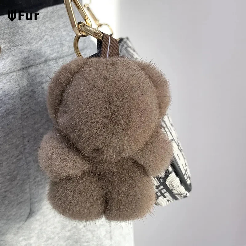 

Cute Real Mink Fur Keychain Plush Panda Pendant Kids Toy Women Bag Charm Trinkets Car Metal Key Rings Rear View Mirror Ornaments