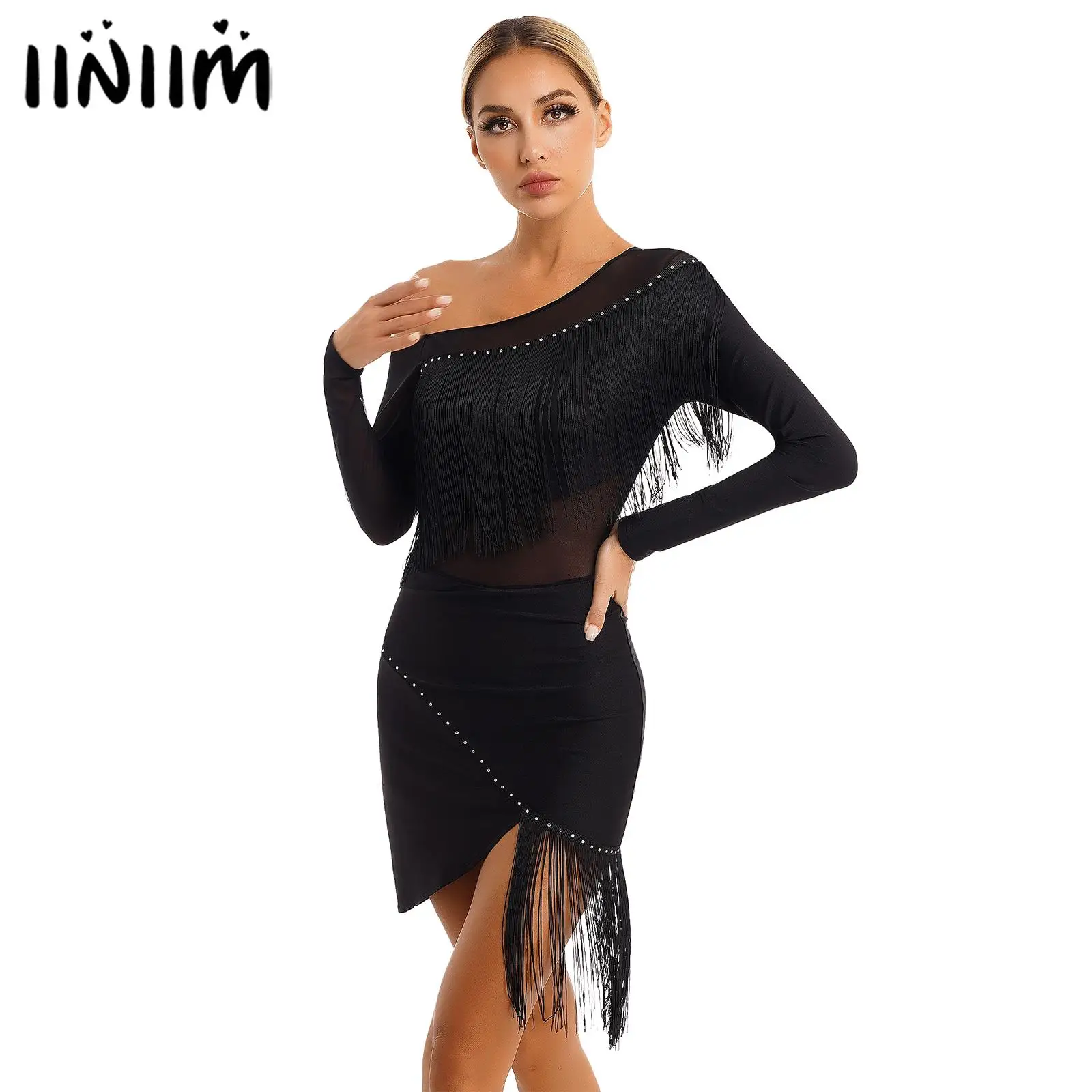 Womens Oblique Shoulder Fringed Sheer Mesh Patchwork Long Sleeve Irregular Hem Dresses for Tango Latin Cha-Cha Samba Dance Dress
Womens Oblique Shoulder Fringed Sheer Mesh Patchwork Long Sleeve Irregular Hem Dresses for Tango Latin Cha-Cha Samba Dance Dress