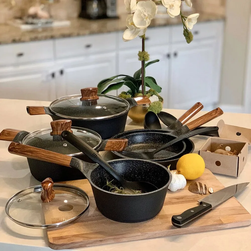 

Набор Антипригарной Посуды из 12 предметов, кастрюли и сковородки из литого алюминия, черный набор для приготовления пищи